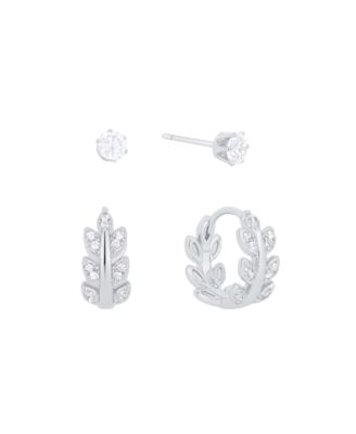 Cubic Zirconia Duo Stud and Leaf Hoop Earrings