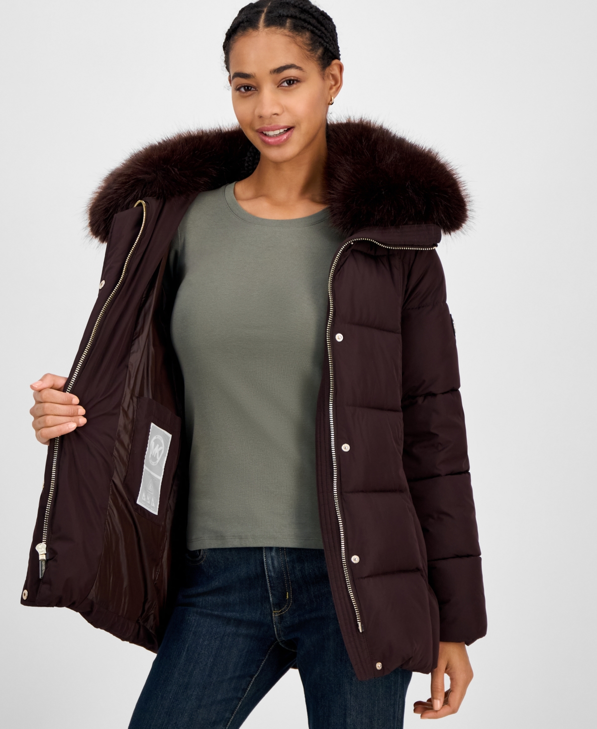 Michael Kors Michael  Women's Belted Hooded Faux-fur-collar Puffer Coat, Exclusively At Macy's In Burgundy