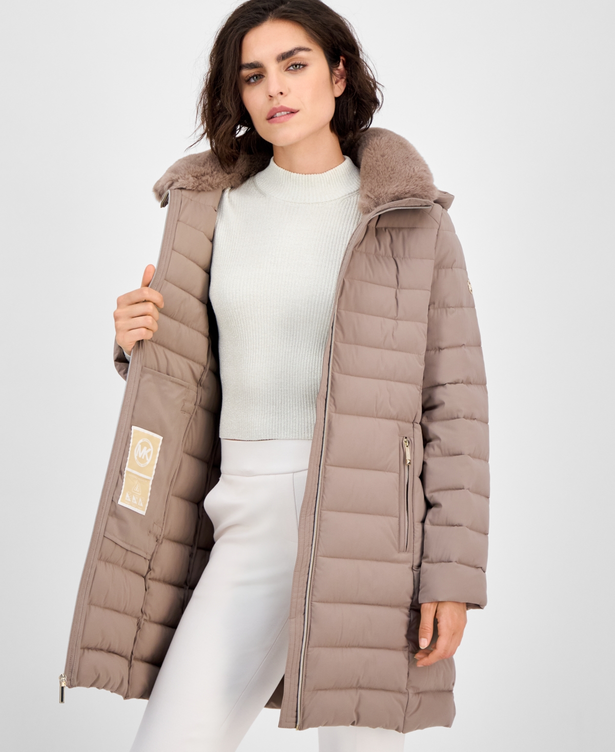 Michael Kors Michael  Women's Faux-fur-collar Hooded Packable Puffer Coat In Neutral