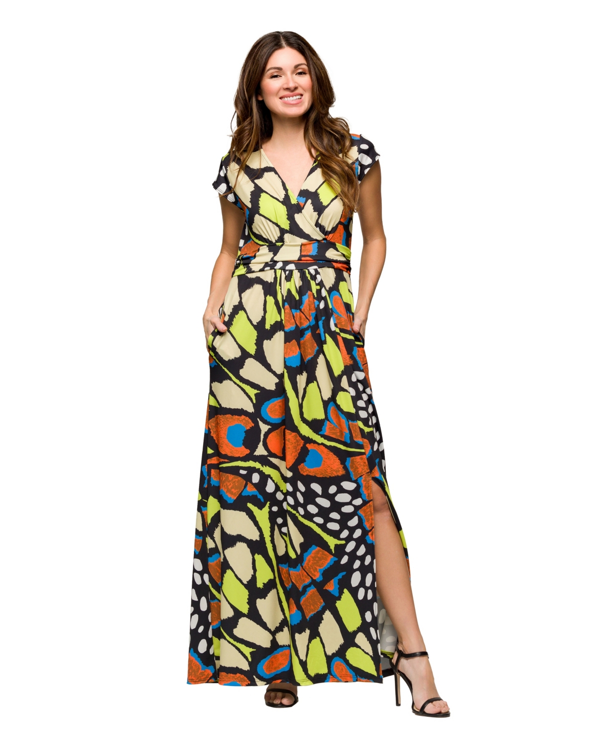 Women's Cap Sleeve V Neck Side Slit Pocket Maxi Dress - Orange Mul