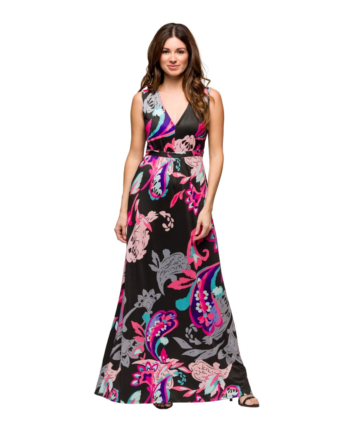 Women's V Neck Empire Waist Sleeveless Maxi Dress - Pink Multi