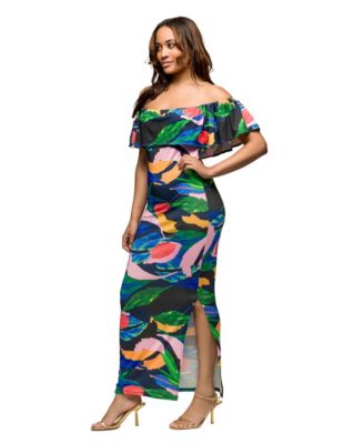Women's Off Shoulder Multicolor Print Side Slit Maxi Dress