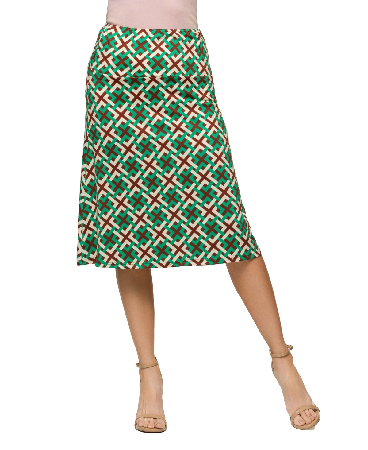 Women's Green Geometric Print Comfortable Elastic Waist Knee Length Skirt - Green Mult