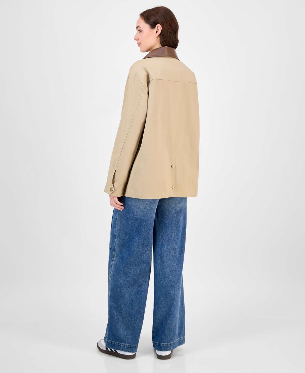Maralyn & Me Juniors' Contrast-collar Snap-front Barn Jacket, Exclusively At Macy's In Brown