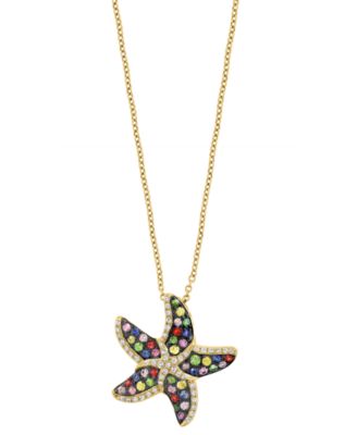 EFFY&reg; Multi-Sapphire (1/2 ct. t.w.), Green Garnet (1/6 ct. t.w.) & Diamond (1/6 ct. t.w.) Starfish 18" Pendant Necklace in 14k Gold
