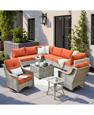 10 Piece Outdoor Rattan Patio Set with Swivel Rocker Chairs, Modular Sectional & Solar Coffee Table