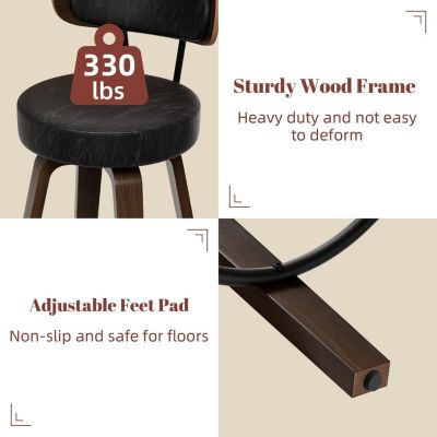 24 inches Bar Stools Set of 2, Counter Height Bar Stools with Leather Pad Wood Back, Leather Upholstered Barstools for Kitchen Island, Cafe