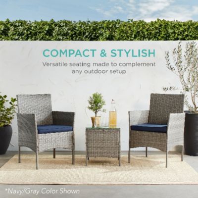 3-Piece Outdoor Wicker Conversation Patio Bistro Set, w/ 2 Chairs, Table