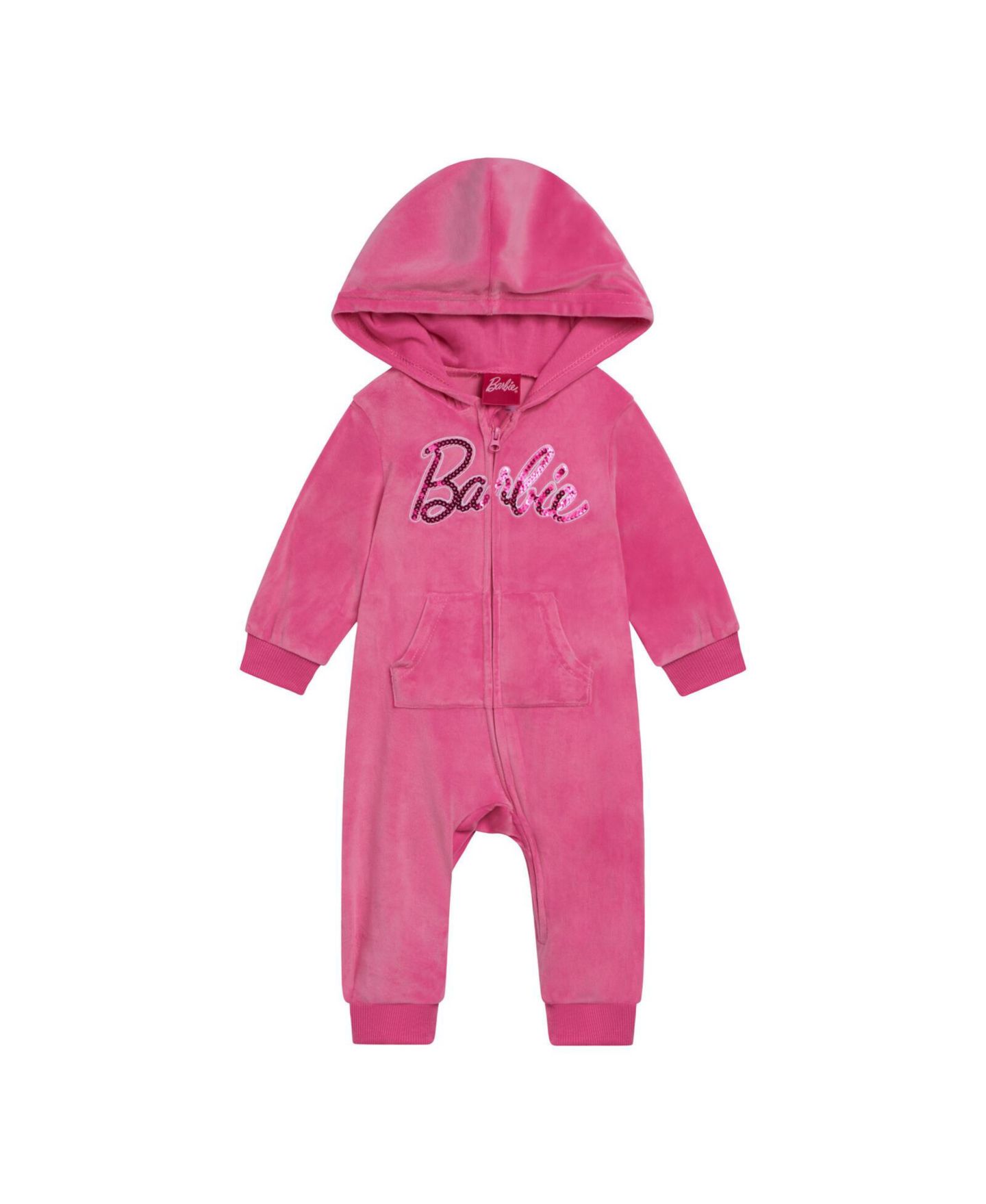 Детский велюровый комплект Barbie для девочки: худи на молнии и брюки, семейный стиль, цвет: Розовый — фото 1