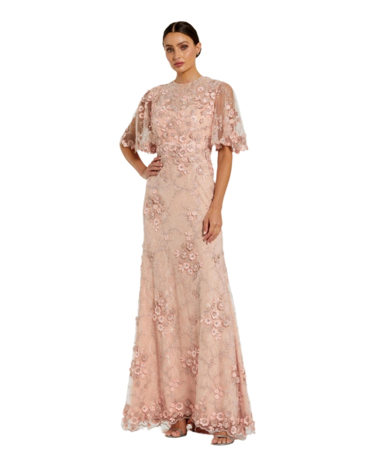Women's Flutter Sleeve Floral Embroidered Net Gown - Rose