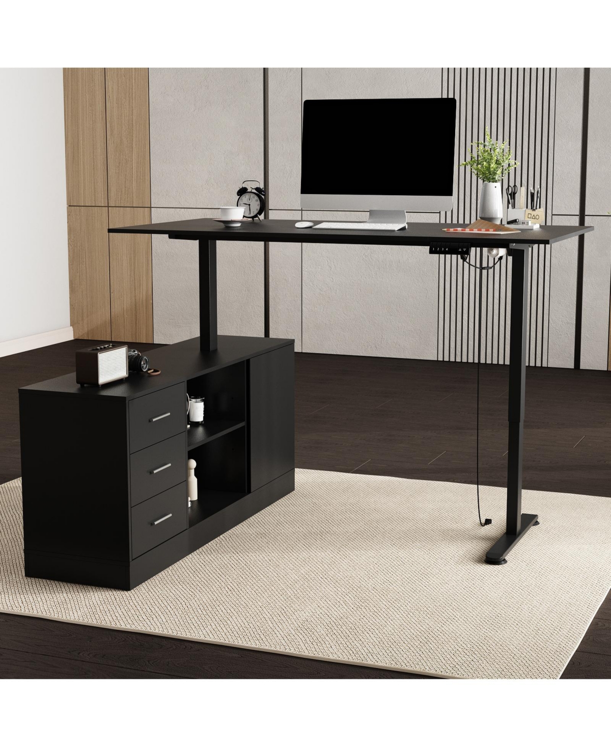 63 in. Width L-Shape Black Wooden 3-Drawer Computer Desk with Adjustable Height, Open Shelves & A Door Storage Cabinet