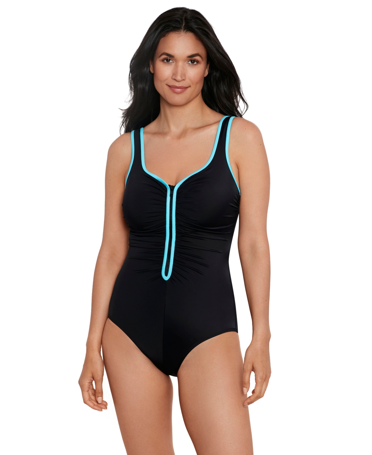 Women's ShapeSolver Sporty Color Coated Shirred Zipper One Piece Swimsuit - Turquoise color coated