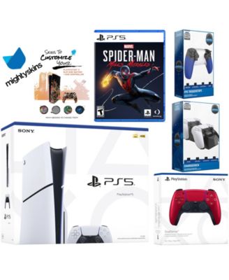 Playstation 5 Slim Disc Bundle with Spider-Man: Miles Morales, Extra Gray Camo Controller, Trigger Stop Kit, Dual Charge Dock and MightySkins Dec