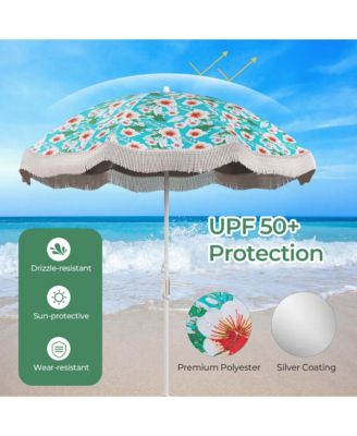 6.5 FT Beach Umbrella w/ Fringe Tassel Umbrella w/ Push Button Tilt Sand Anchor