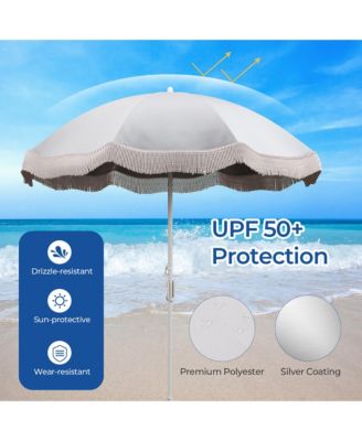 6.5 FT Beach Umbrella w/ Fringe Tassel Umbrella w/ Push Button Tilt Sand Anchor