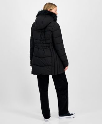 Juniors' Faux-Fur Hooded Bibbed Puffer Coat