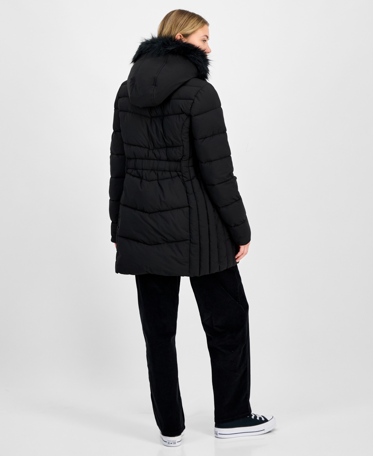 Maralyn & Me Juniors' Faux-fur Hooded Bibbed Puffer Coat In Black