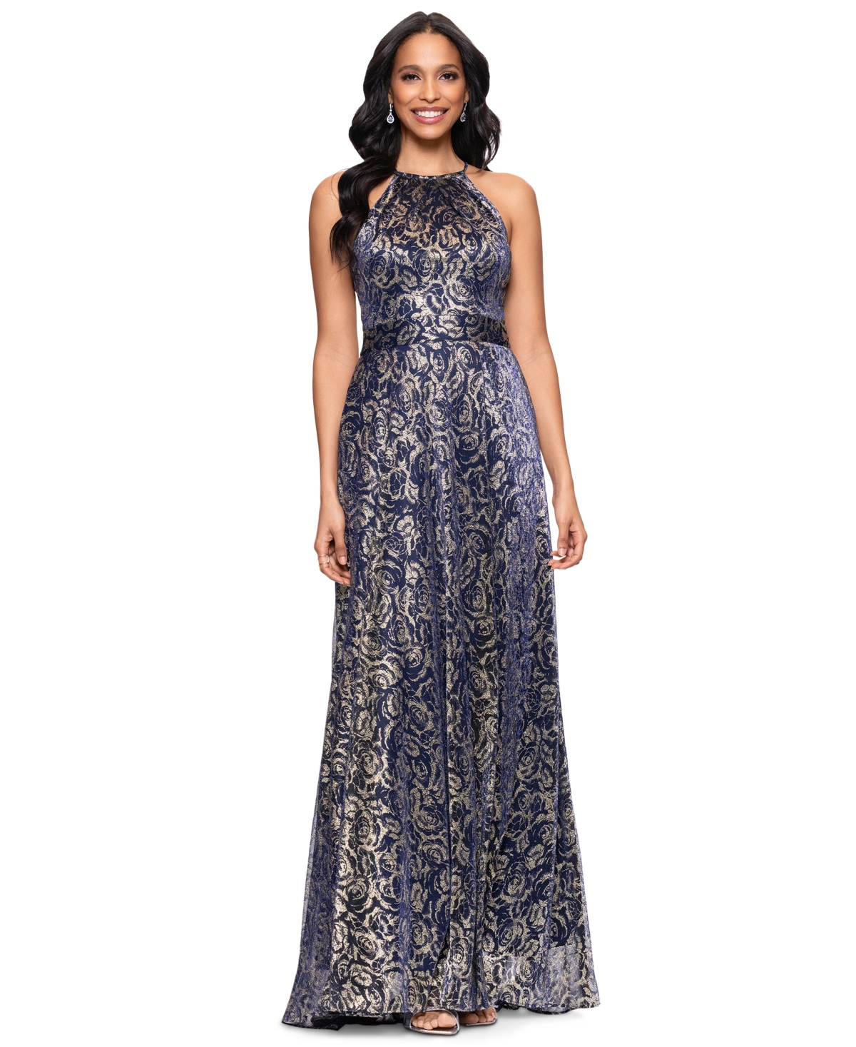 BETSY & ADAM PETITE METALLIC FLORAL PRINT SLEEVELESS GOWN 