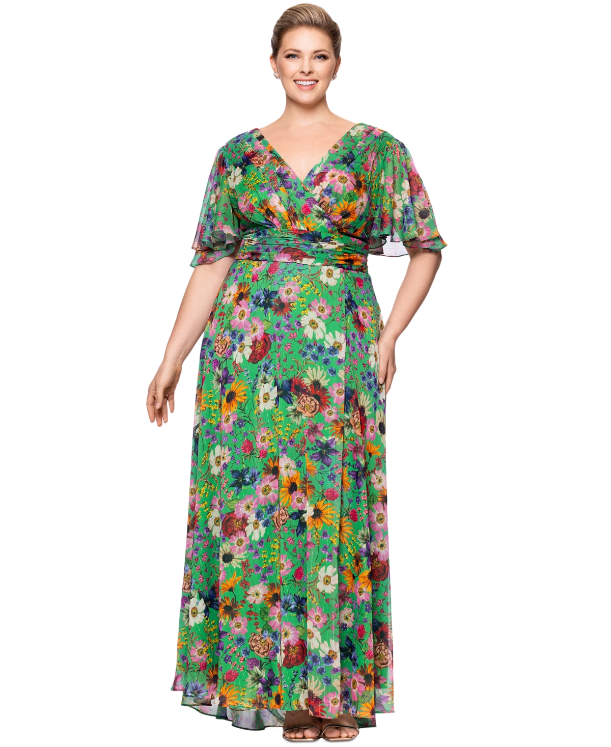Betsy & Adam Plus Size Floral-print Flutter-sleeve A-line Dress