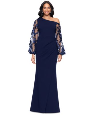 Betsy & Adam - Women's Asymmetric-Neck Lace-Sleeve Gown