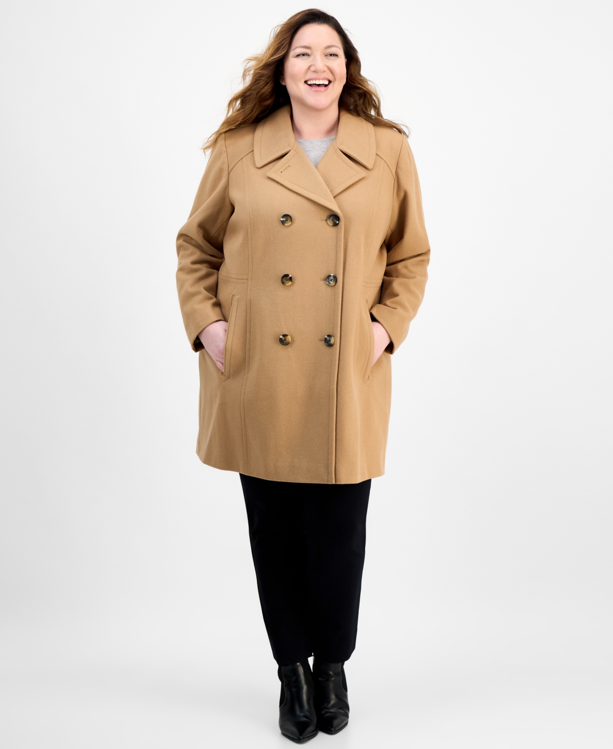 Anne Klein Plus Size Double-breasted Peacoat, Exclusively At Macy's In Brown