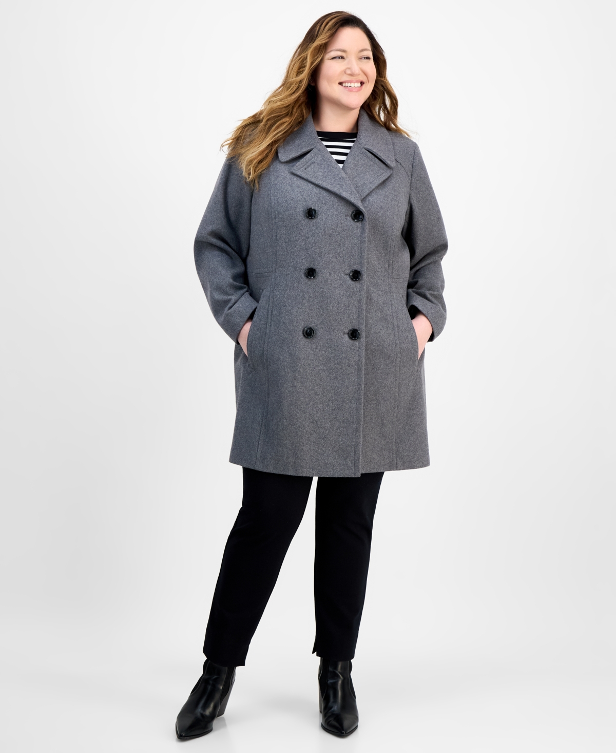 Anne Klein Plus Size Double-breasted Peacoat, Exclusively At Macy's In Gray