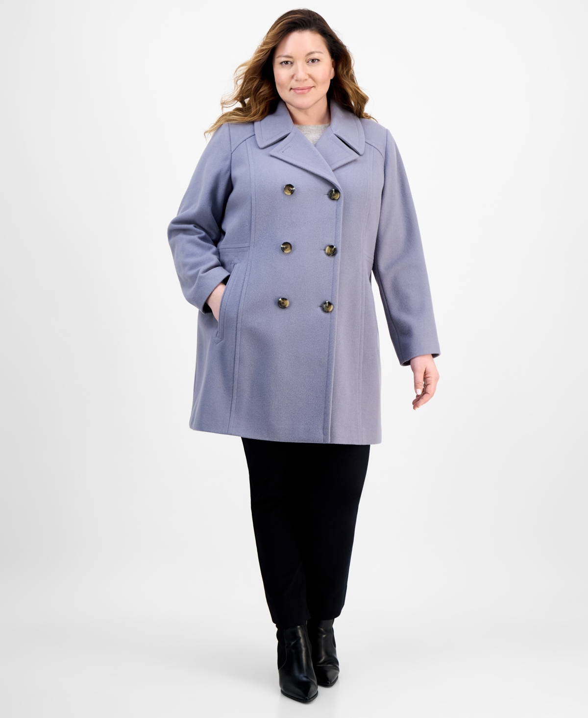 Anne Klein Plus Size Double-breasted Peacoat, Exclusively At Macy's In Purple