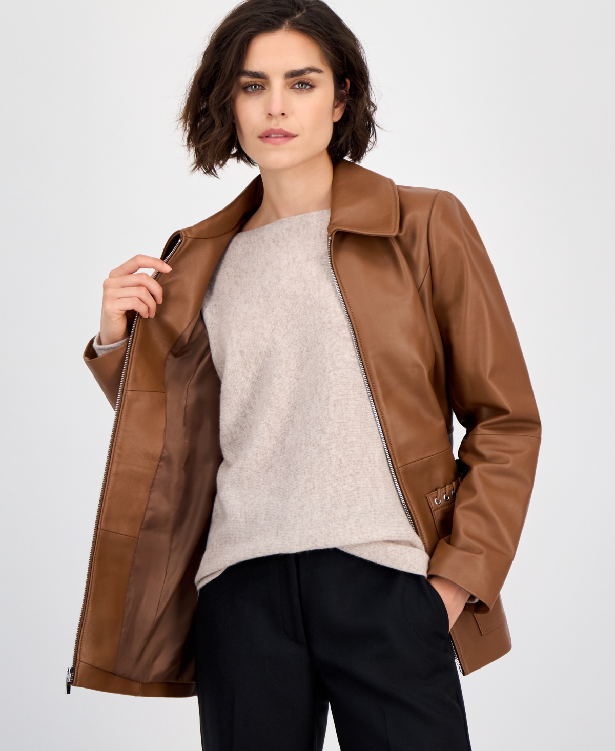 Anne Klein Women's Zip-front Leather Jacket In Brown