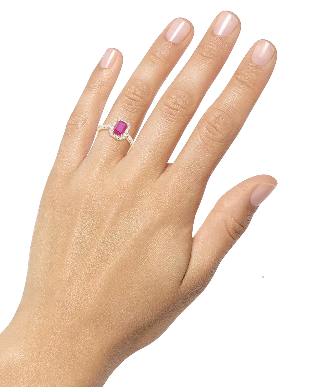Macy's Emerald (1 Ct. T.w.) & Diamond (3/8 Ct. T.w.) Round & Baguette Halo Ring In 14k Gold (also In Ruby &