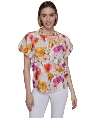 Womens Floral Print Flutter Sleeve Blouse Xs P Xl