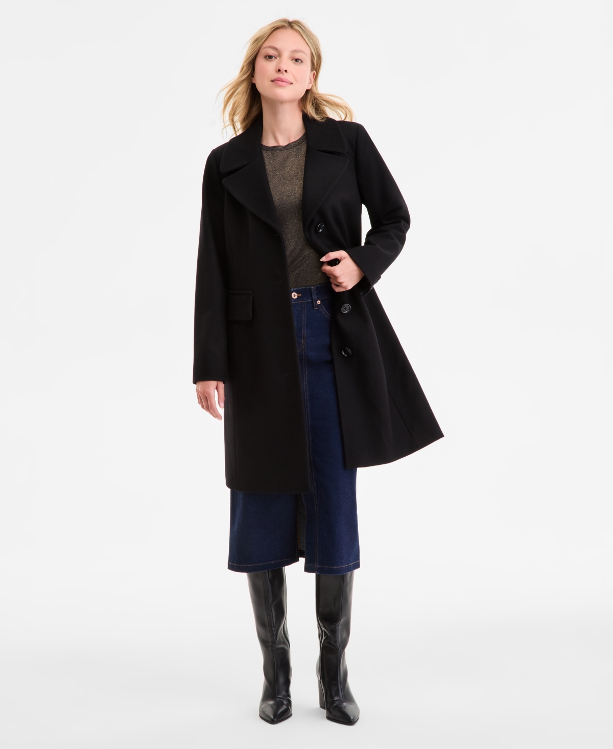 Anne Klein Women's Single-breasted Walker Coat, Exclusively At Macy's In Black