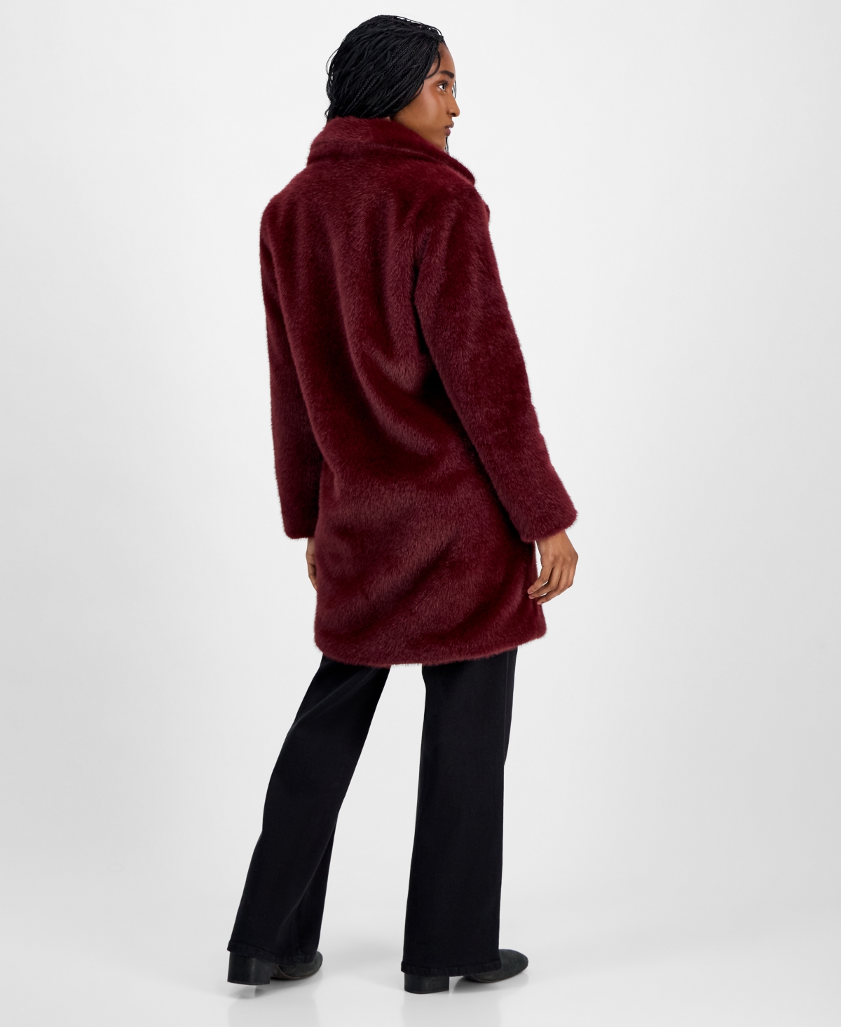 Coffeeshop Juniors' Notched-collar Faux-fur Walker Coat In Burgundy