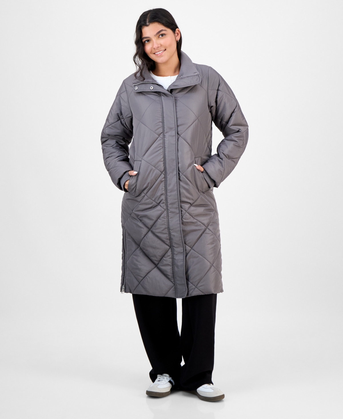 Coffeeshop Juniors' Shawl-collar Quilted Coat In Gray