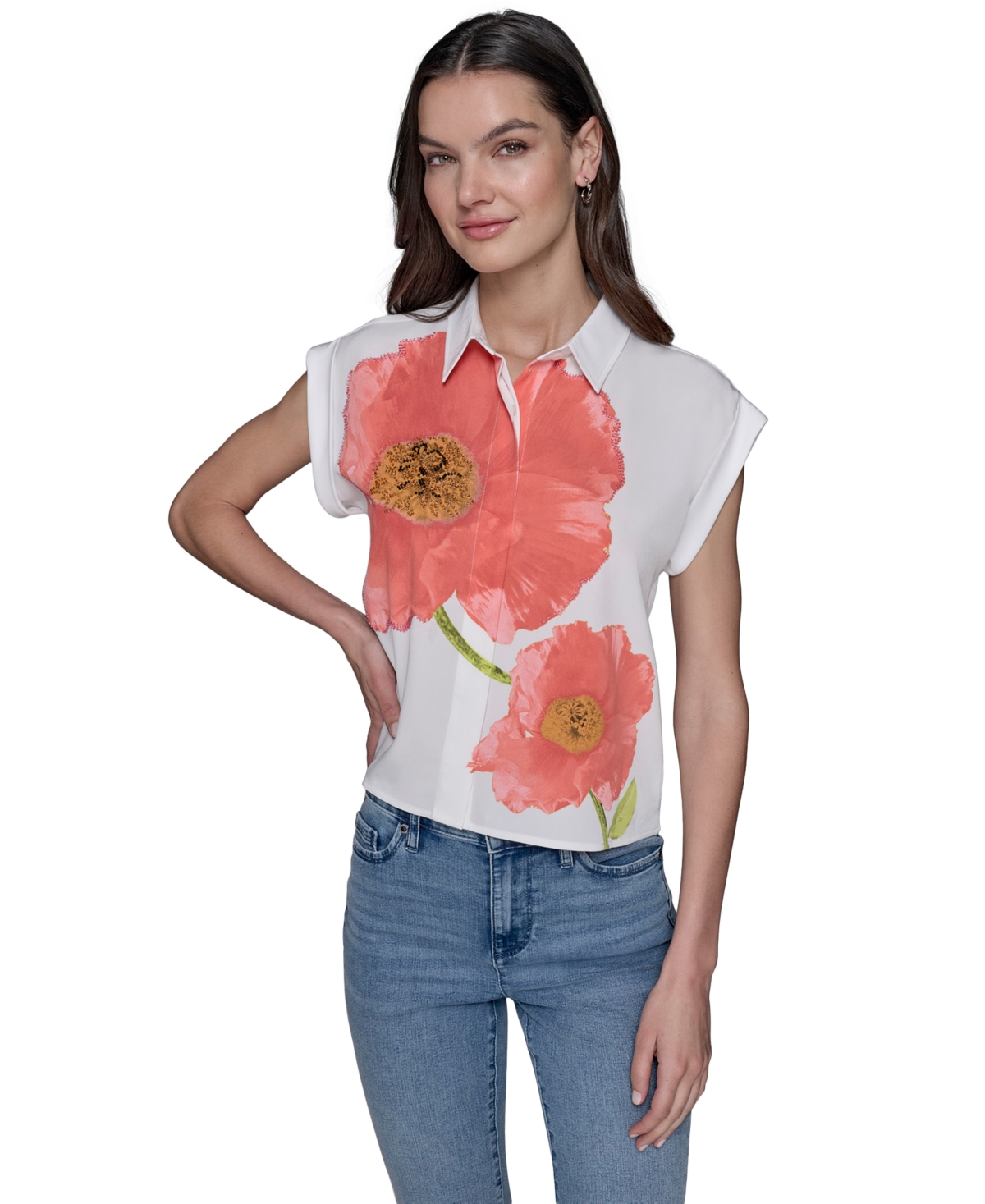 Karl Lagerfeld Petite Big Flower Print Button-front Blouse In White