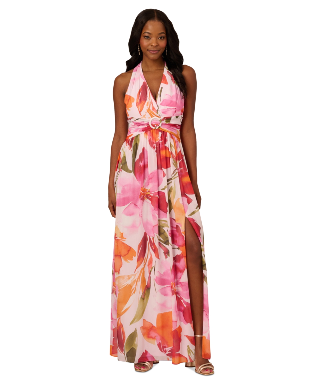 Adrianna Papell Petite Floral Chiffon Halter Gown In Multi
