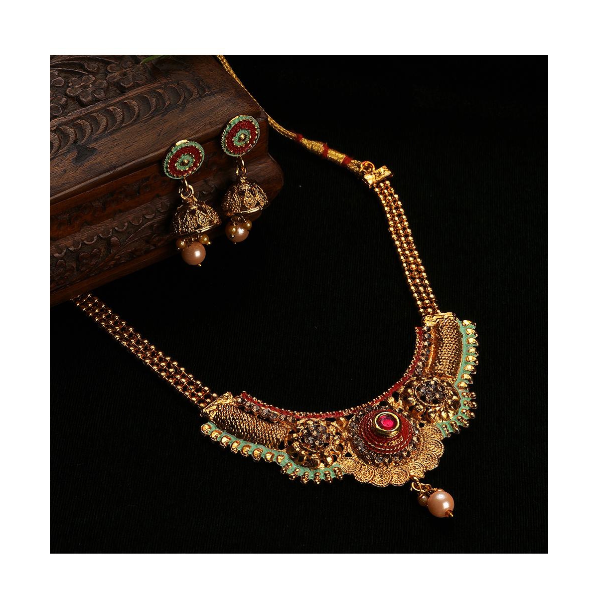 Sohi Gold-plated Blue Stone Studded Beaded Jewellery Set In Red