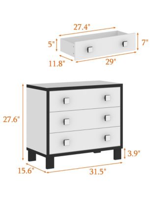 Bedside table with three drawers, side table with square handles, white wooden end table, suitable for bedrooms, living rooms, offices