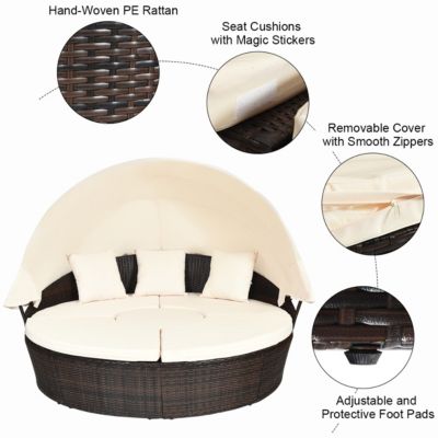 Patio Rattan Daybed Cushioned Sofa Adjustable Table Top Canopy 3 Pillows