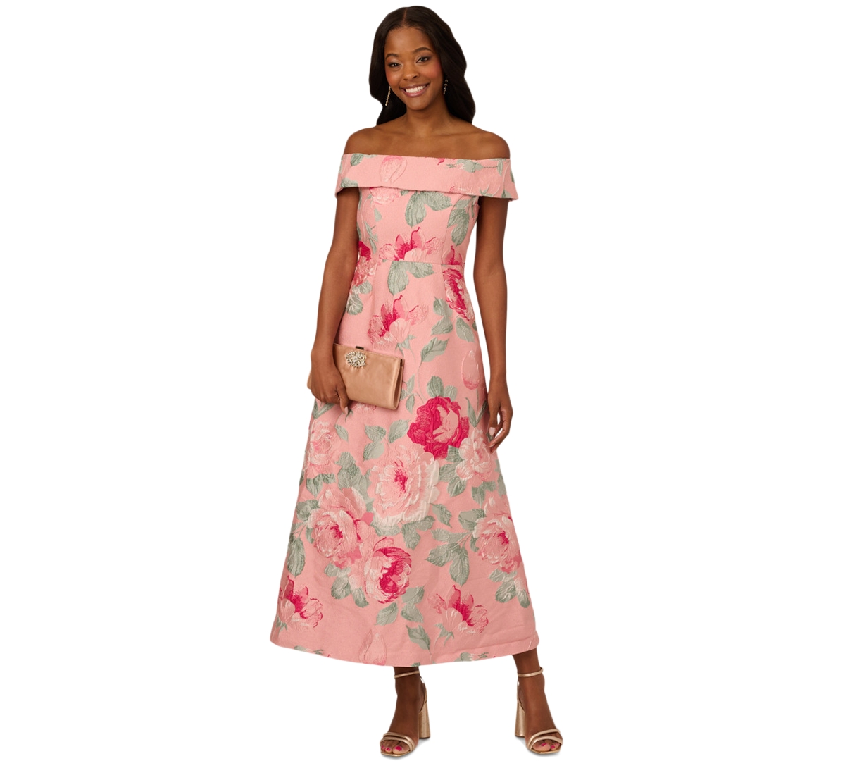 Women's Off-The-Shoulder Floral-Jacquard Dress - Pink Multi