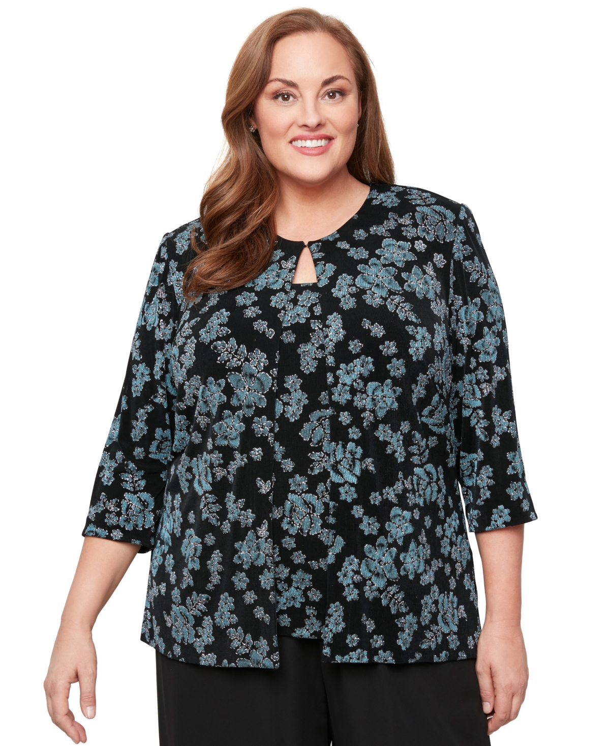 Plus Size Glitter-Knit Tank Top & Jacket - Black Aqua