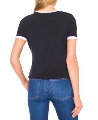 Women's Button-Shoulder Contrast-Trim T-Shirt