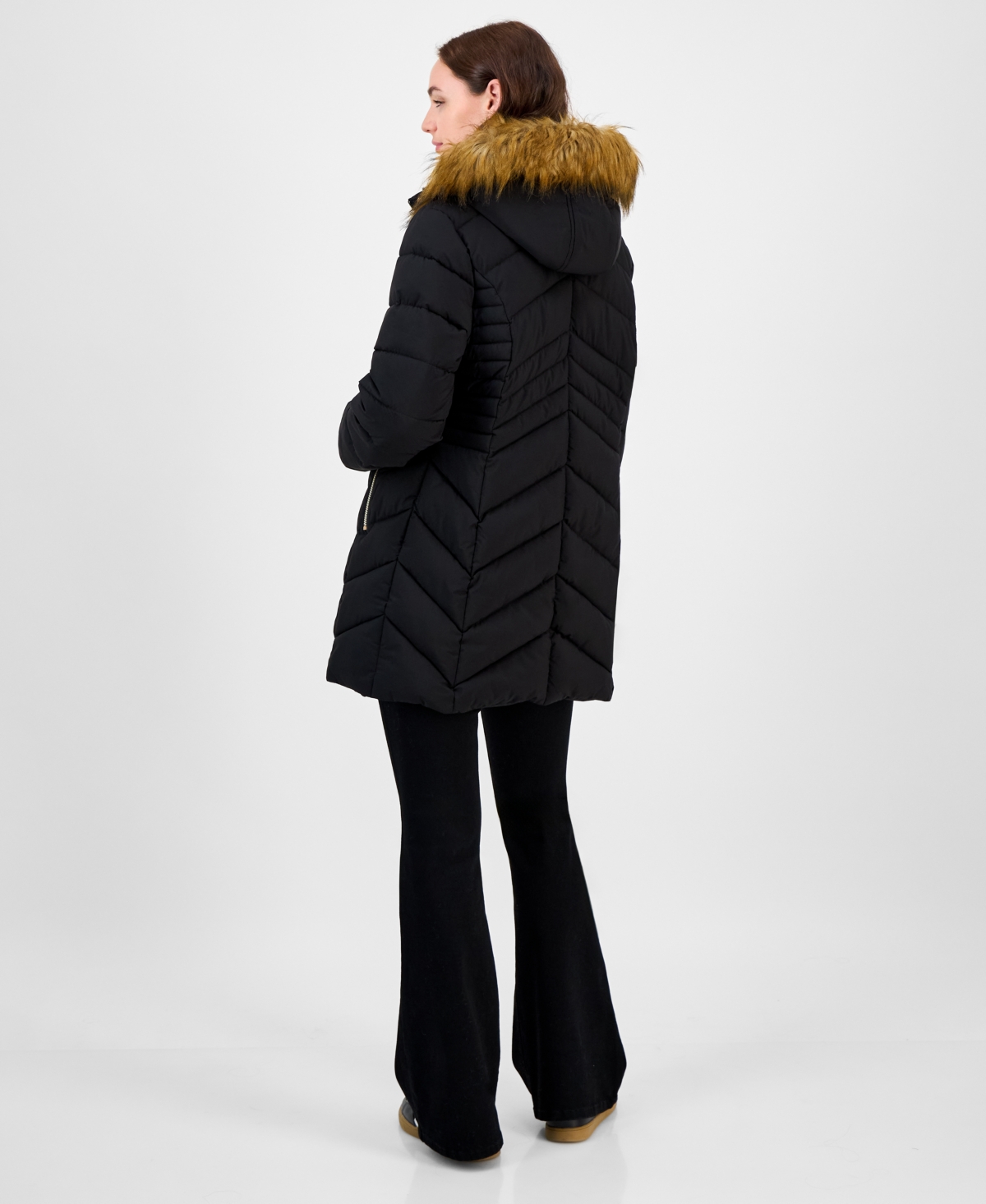 Maralyn & Me Juniors' Faux-fur Hooded Puffer Coat In Black