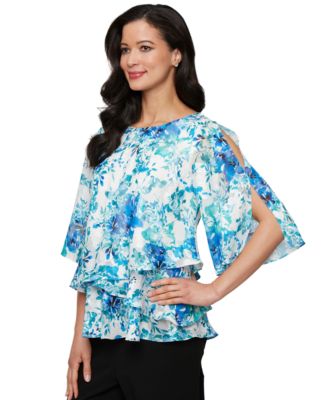 Alex Evenings - Women's Printed Tulip-Hem Chiffon Burnout Blouse
