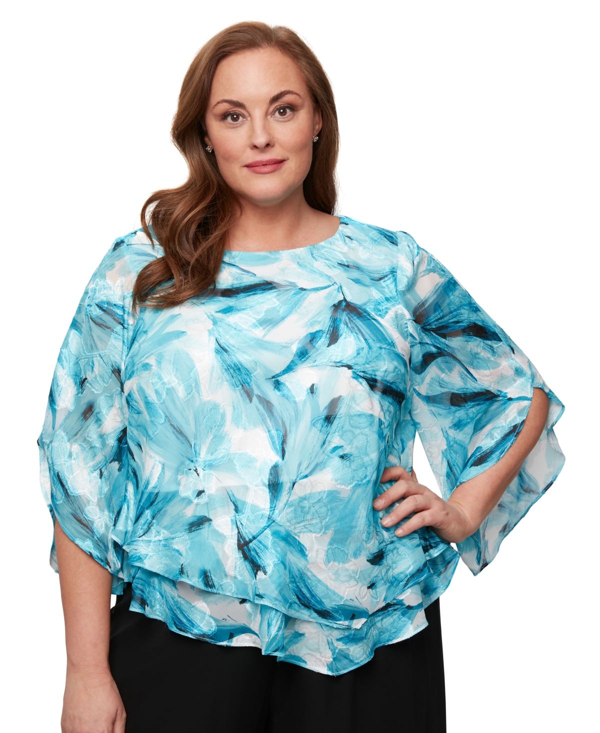 Plus Size Printed Burnout Blouse - Aqua Multi