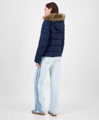 Juniors' Faux-Fur Hooded Puffer Coat