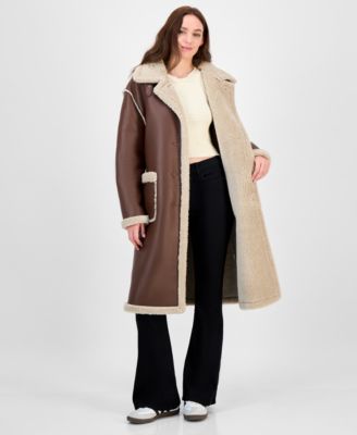 Juniors' Long Faux-Shearling-Trimmed Coat