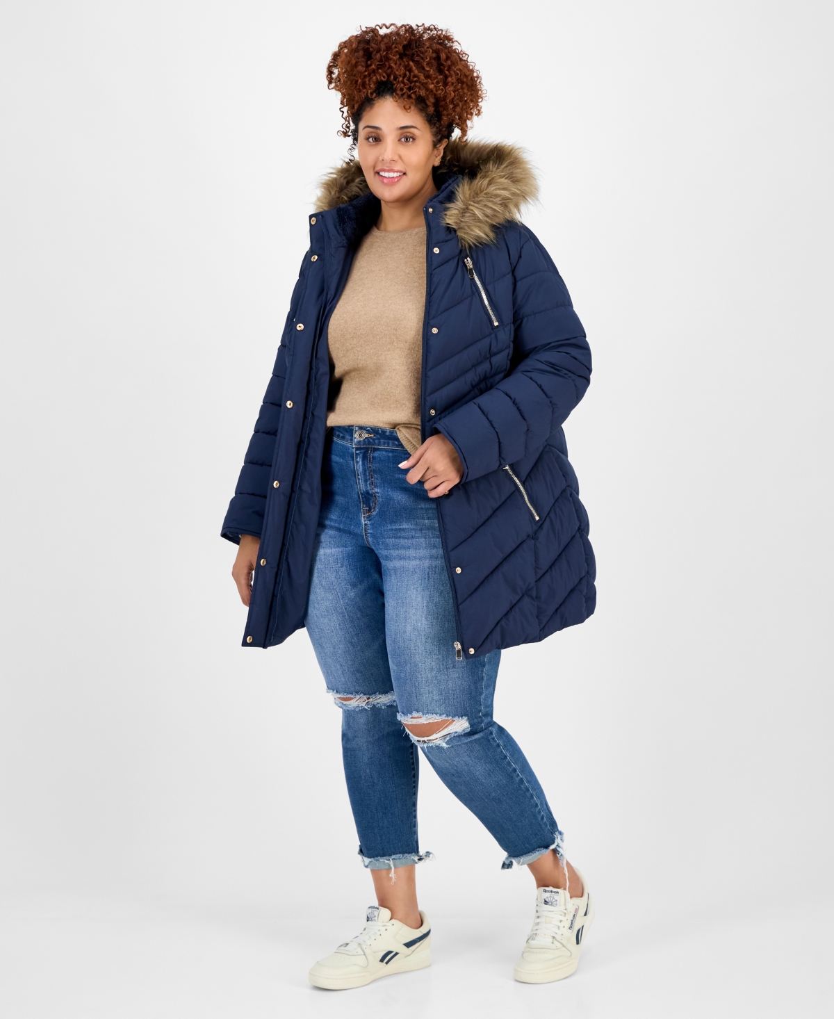 Maralyn & Me Juniors' Faux-fur Hooded Puffer Coat In Blue