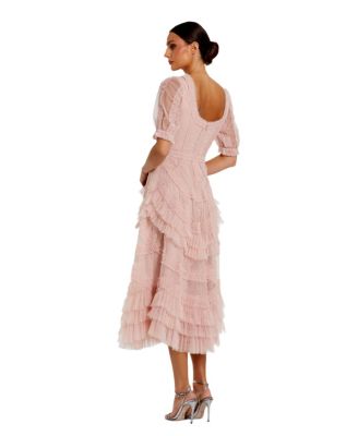 Women's Short Sleeve Mesh Mirco Ruffle Midi Dress