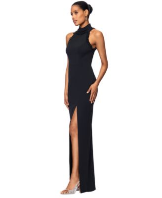 Petite Ruffled Halter Mock Neck Cutout-Back Gown