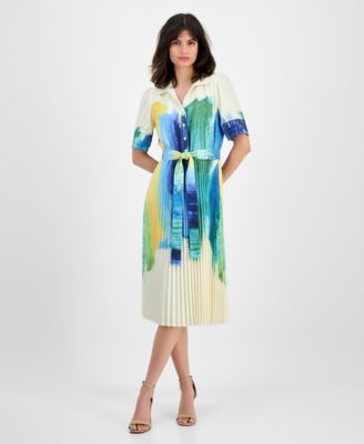 T Tahari - Women's Pleated-Skirt Brushstroke-Print Belted Dress
